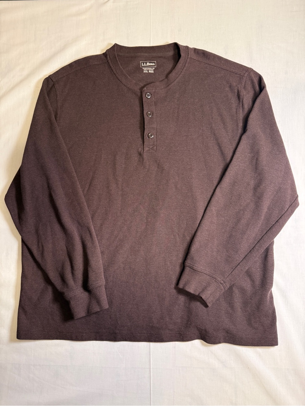 LL Bean Waffle Knit Henley Shirt Mens XXL Regular Brown Thermal Long Sleeve